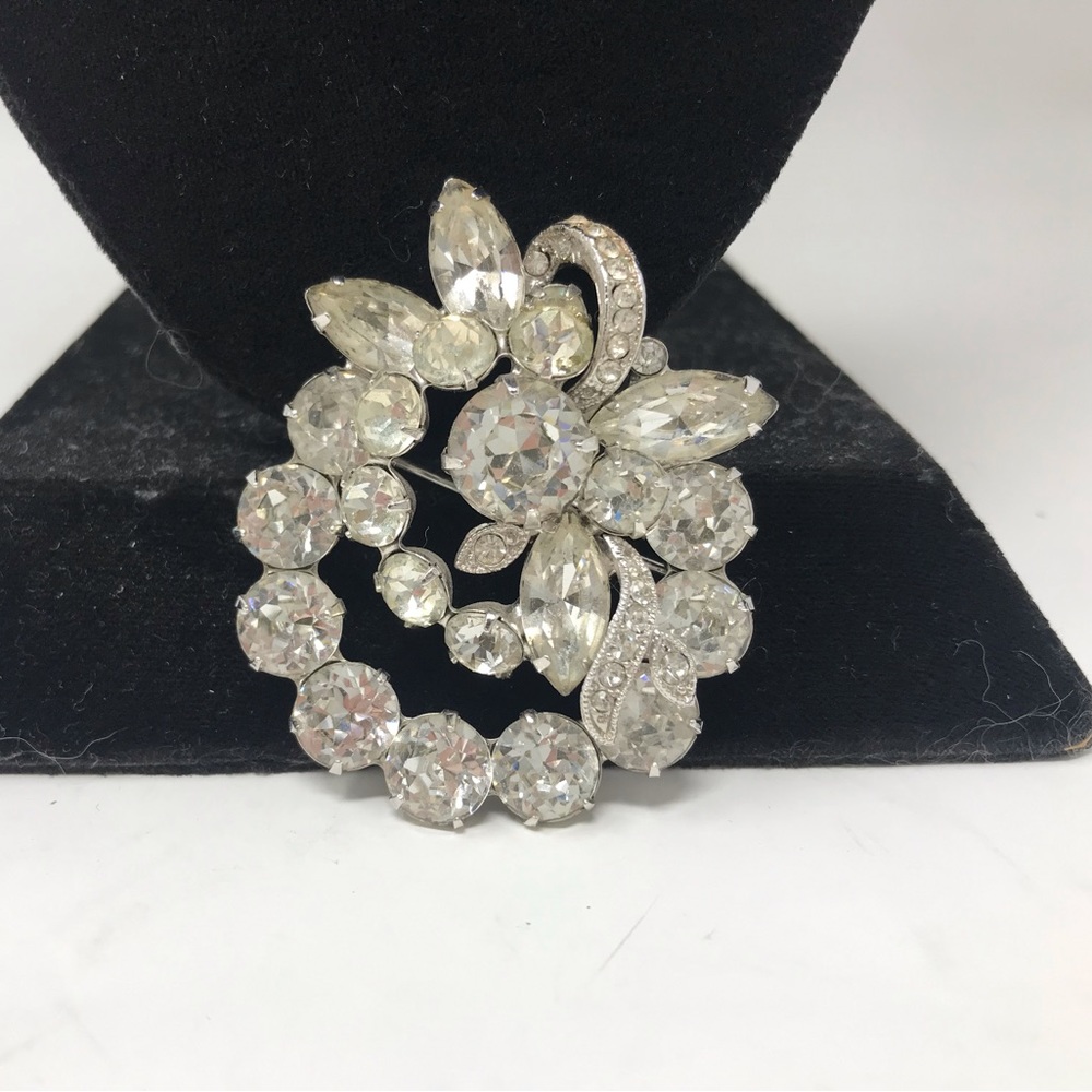 Eisenberg Ice Vintage Brooch Clear Rhinestone Silver Round & Pear Shaped